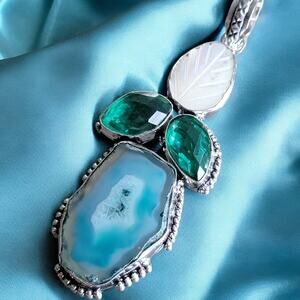 Blue Druzy Agate Mother of Pearl & Green Quartz Pendant Sterling Silver Necklace